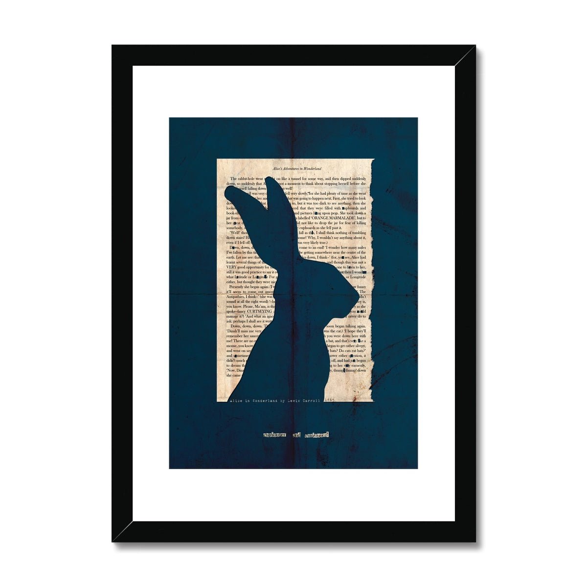 A black wooden framed fine art print showing a page from Alice in Wonderland with the silhouette of a Hare cut out on a navy blue background with the line "curiouser and curiouser" also cut out