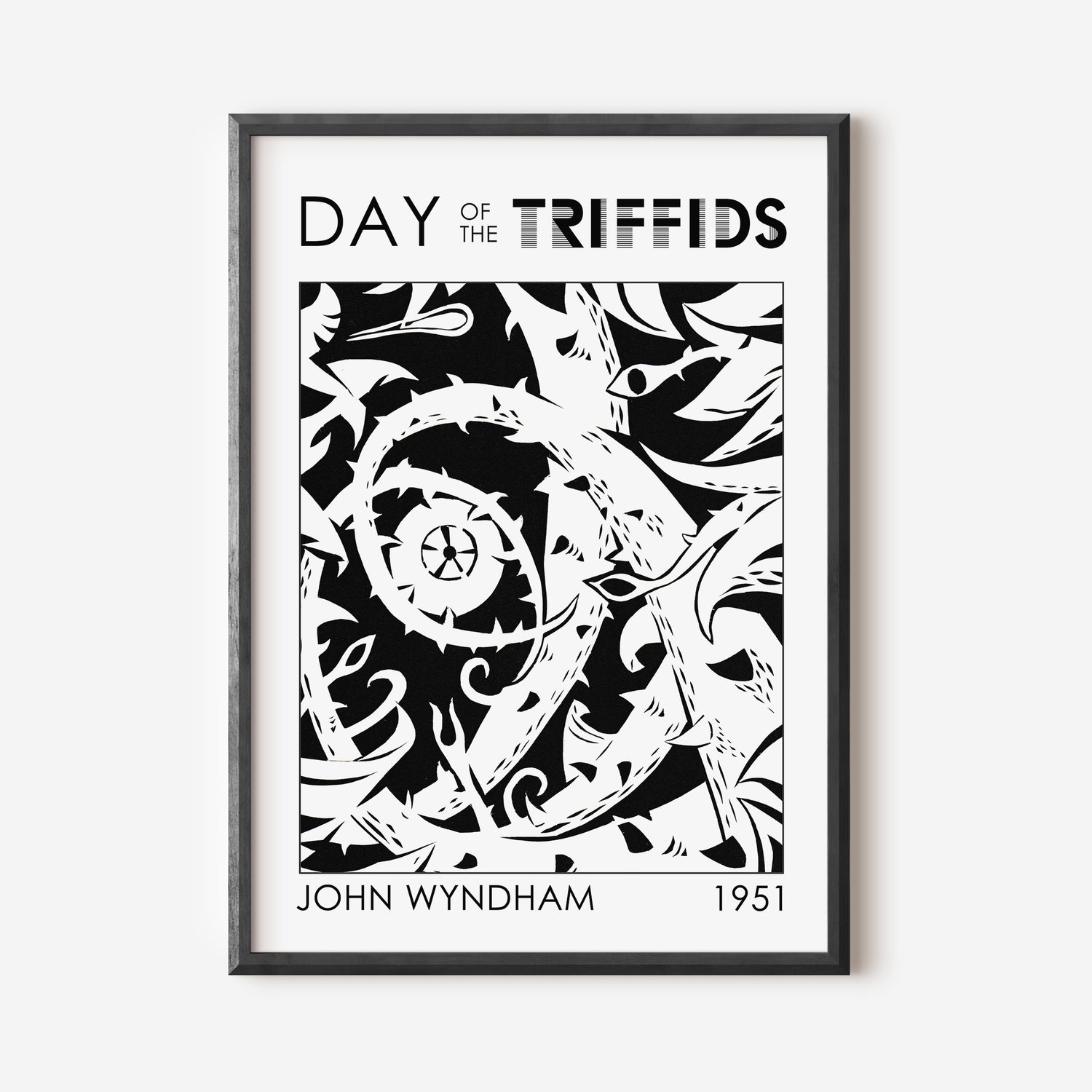 day of the triffids black and white art print stingers surround and pirece a human eye as the comet passes overhead