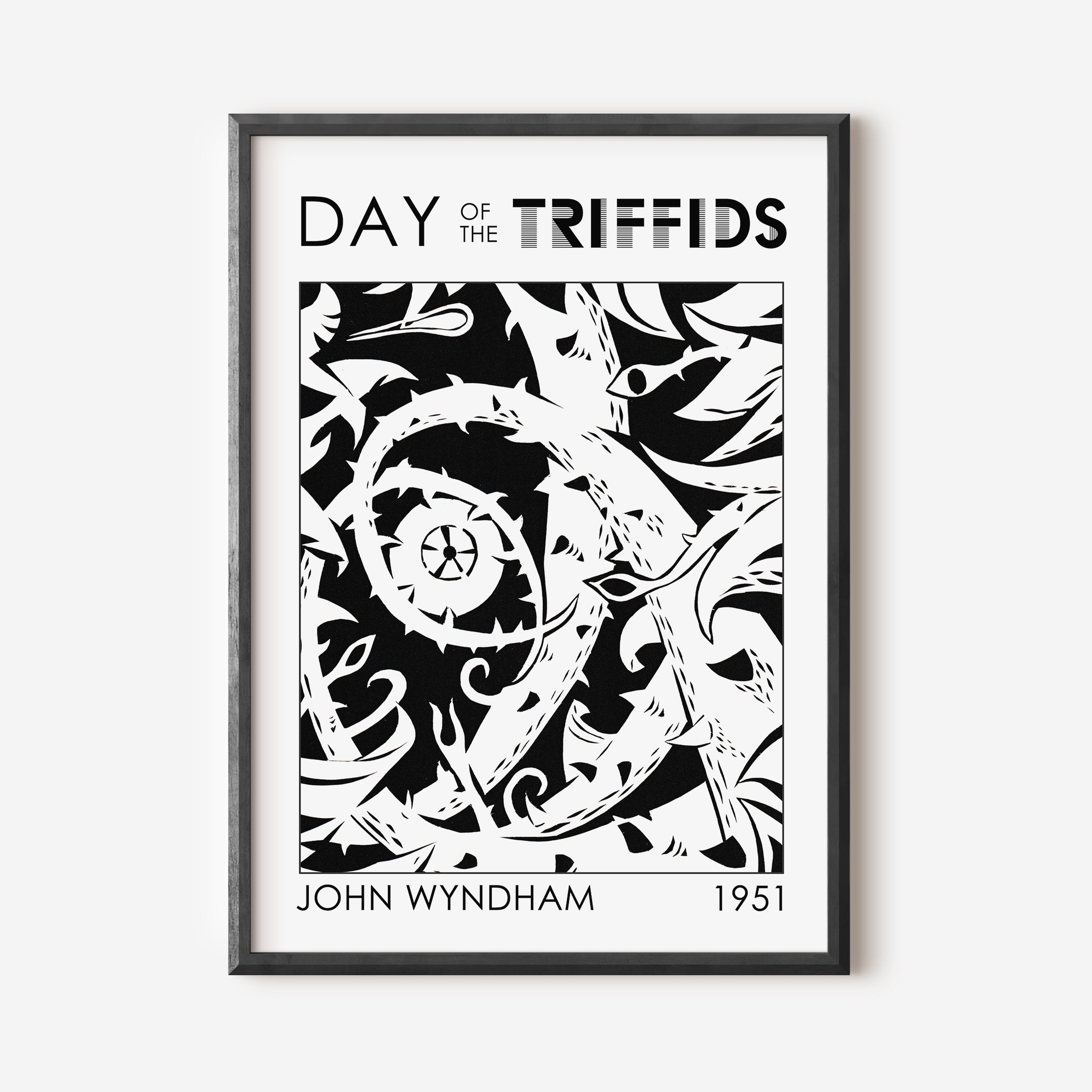 day of the triffids black and white art print stingers surround and pirece a human eye as the comet passes overhead