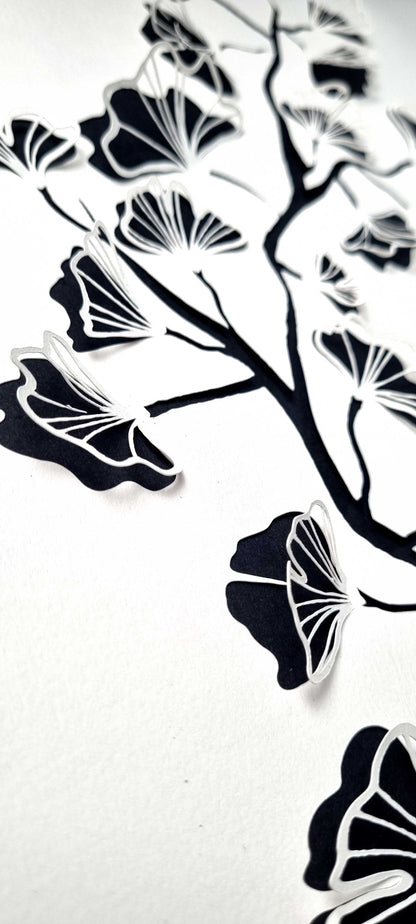 Norwegian Wood// "Gingko Tree" Papercut White on Black Laser Cut