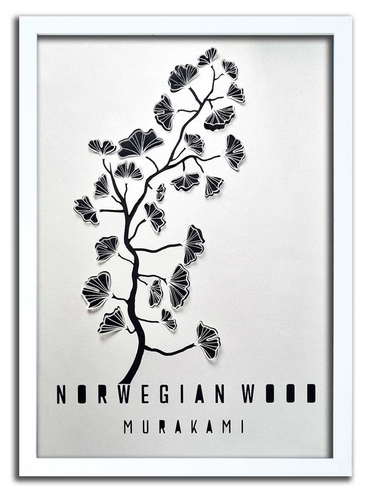 Norwegian Wood// "Gingko Tree" Papercut White on Black Laser Cut