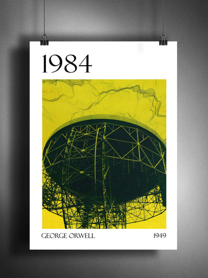 An unframed fine art print of George Orwell's 1984 "Big Brother is Listening" showing the Lovell Telescope on yellow background