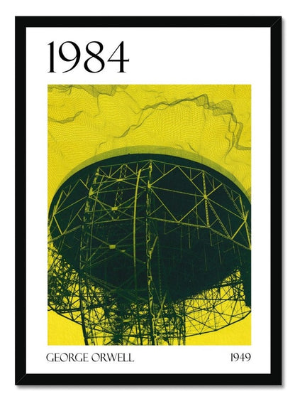 A black framed fine art print of George Orwell's 1984 "Big Brother is Listening" showing the Lovell Telescope on yellow background