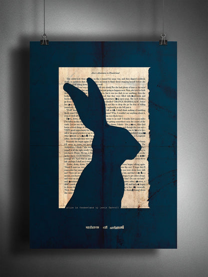 An unframed fine art print showing a page from Alice in Wonderland with the silhouette of a Hare cut out on a navy blue background with the line "curiouser and curiouser" also cut out