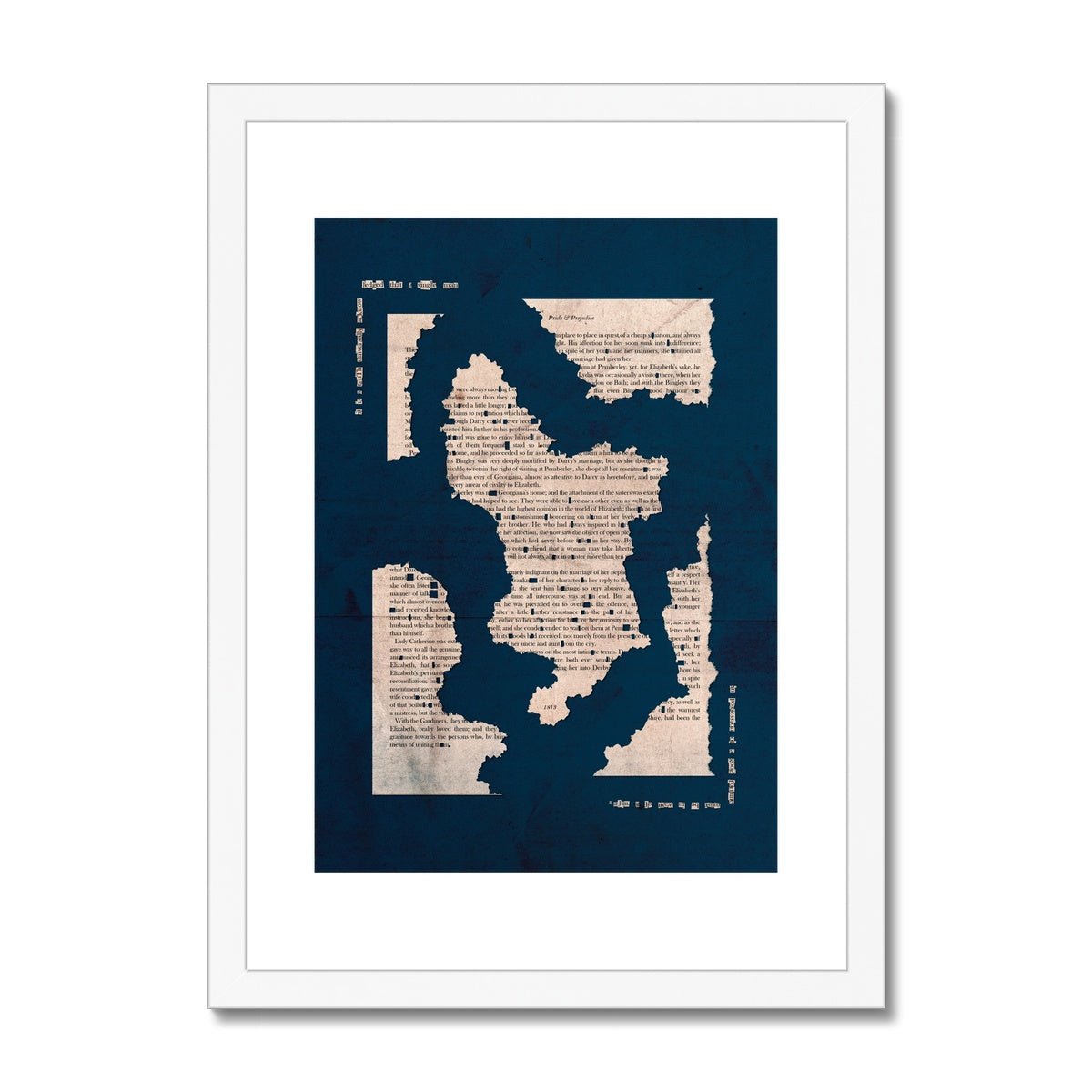 Pride and Prejudice Derbyshire Map in NAVY BLUE Framed & Mounted Print - James Voce // artist