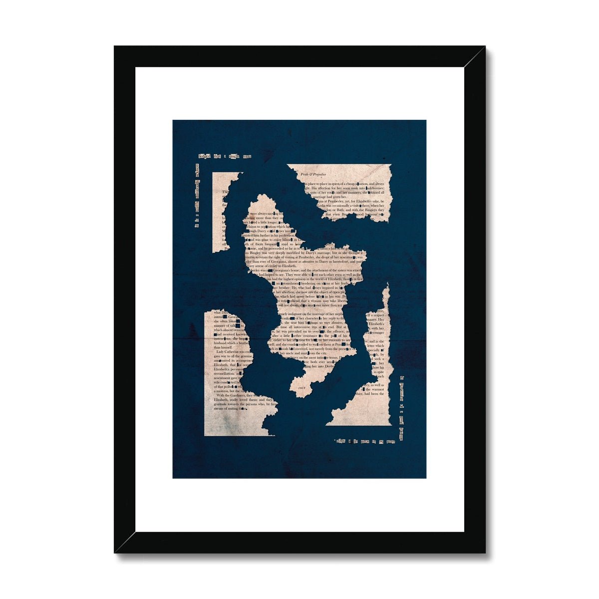 Pride and Prejudice Derbyshire Map in NAVY BLUE Framed & Mounted Print - James Voce // artist