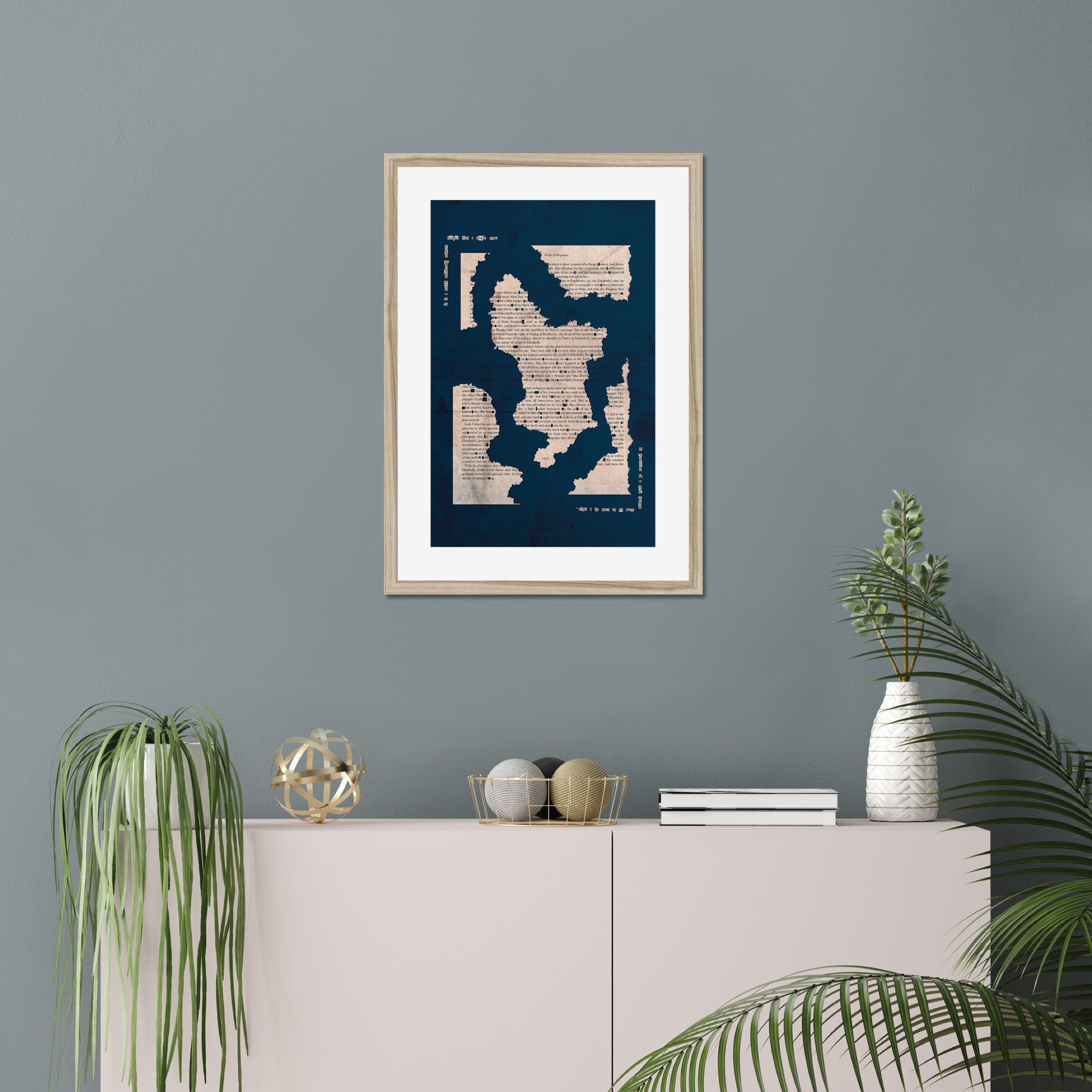 Pride and Prejudice Derbyshire Map in NAVY BLUE Framed & Mounted Print - James Voce // artist