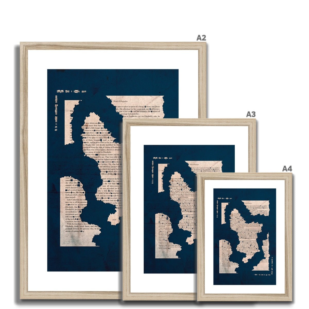 Pride and Prejudice Derbyshire Map in NAVY BLUE Framed & Mounted Print - James Voce // artist