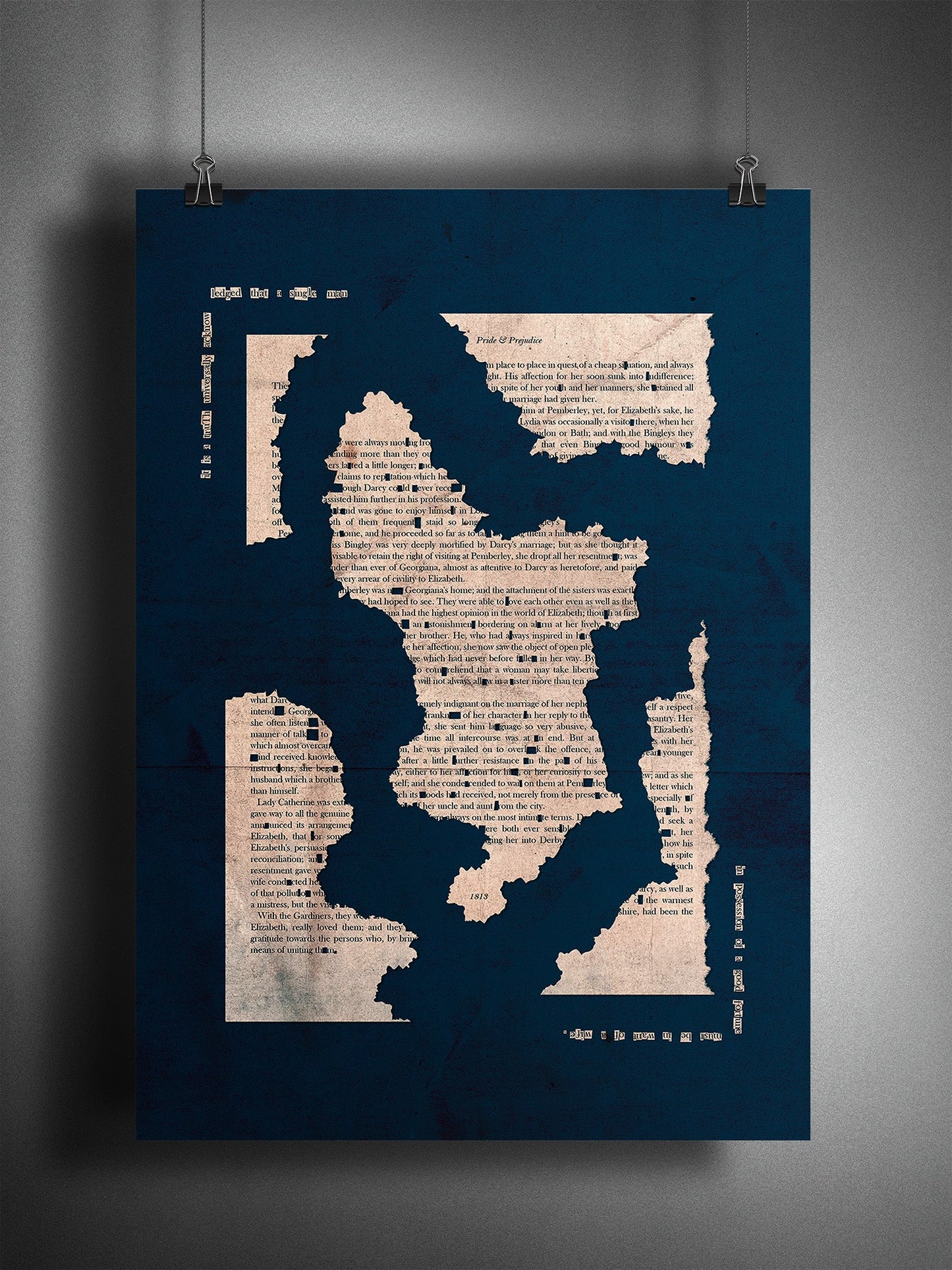 Pride and Prejudice Derbyshire Map in NAVY BLUE Framed & Mounted Print - James Voce // artist